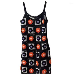 Casual Dresses Women Summer Sleeveless Crochet A-Line Midi Dress Hollow Knitted Embroidery Floral Loose Flared Cover Up Beach Sundress