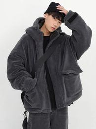 Men's Fur Faux Fur Gmiixder Winter Fake Fur Coat Oversize Cashmere Men's Zipper Up Dark Grey Coat Unisex Hip Hop Hooded Plush Padded Jacket 231128