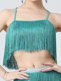 T-Shirt Women Tassel Trim Spaghetti Strap Slash Neck Camis Crop Top Vest Sexy Bandage Cross Back Fringe Tank Top Dance Top Clubwear