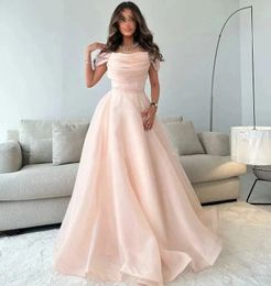 2024 Light Pink Organza A-line Prom Dress Off The Shoulder Cowl Neck Pleat Birthday Party Gown Graduation Dresses Robe De Soiree