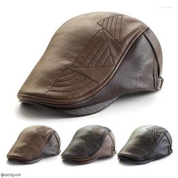 Berets Leather Beret Hats Men Faux Herringbone Sboy Cap Autumn Winter Middle-aged Men's Duckbill Flat Peaked PU Dad Hat