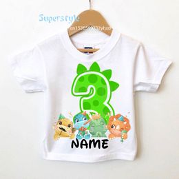 Tshirts Cute Cartoon Dinosaur Birthday Number 19th Print Name Baby Kid Customer Tshirt Children Boy Present Kids Clothes 230427