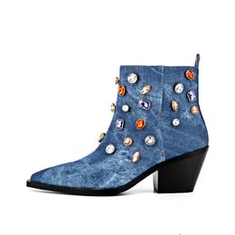 Chelsea Denim Drill Button Luxury Design Vintage Skinny Boots Fried Street Pointed Sleeve Western Denim Large Womens Boots