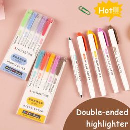 12pcsWatercolor Brush Pens 25-color Double-headed Highlighter Kawaii Light-colored 5-color Set Hand Account Drawing Marker Pen Student Supplies Stationery P230427