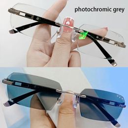 Sunglasses Vazrobe Pochromic Grey Rimless Eyeglasses Frame Male Tint Myopic Glasses Men Trimming Anti Blue Light 0 -150 -200 -250 -300