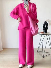 Womens Two Piece Pants Elegant womens suit kitten wide leg pants full length high neck sweater set solid casual turtle 2 pieces 231128