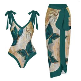 Women's Swimwear Vintage Butterfly Oil Painting Print Swimsuit 2-Piece Set 2023Summer V-Neck Low-Rise Sexy Bikini Bow Straps Bathing Suit