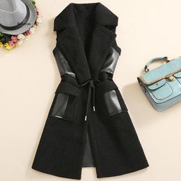 Parkas Winter Black Leather Vest Faux Fur Jacket Sleeveless women Warmer Long Style Waistcoat with Fur Pockets