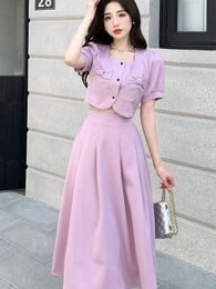 Two Piece Dress French Vintage Small Fragrant Two Piece Set Women Puff Sleeve Shirt Crop Top Long Skirt Suits Korean Sweet Summer 2 Piece Sets 230428