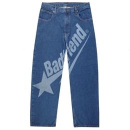 Women s Jeans Streetwear Y2k Mens Hip Hop Badfriend Letter Graphic Print Vintage Blue Baggy Denim Pants Harajuku Wide Trousers 231127