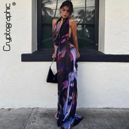 Casual Dresses Sexy Backless Halter Print Maxi Dress Elegant Outfits For Women Summer Draped Sleeveless Holiday Beachwear