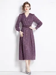 Casual Dresses 2024 Fashion French Purple Lace Dress Women Elegant V Neck Long Sleeve Patchwork Floral Hollow Out Belt A Line Robe Vestidos