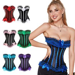 Women Sexy Tier Lace Ruffle with Bows and Panels Details Overbust Satin Lace up Corset Bustier Dancing Clubwear Big Plus Size S-6XL Multi