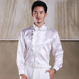 Men's Casual Shirts PARKLEES Luxury Silk Ruffled Tuxedo Shirts for Men Long Sleeve Wedding Stage Shirt Dance Performance Mens Clothing 231127