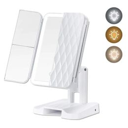 Compact Mirrors 3 Folding LED Makeup Mirror 2/3X Magnifying Cosmetic Vanity Mirror 180 Rotation Adjustable Touch Dimmer Table Makeup Mirror 231128