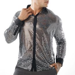 Men's Casual Shirts Mens Sparkly Sequins Party Dance Shirts Retro 70s Disco Nightclub Shirt Tops 231127