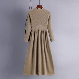 Casual Dresses Chic Long Knit Maxi Women Sweater Dress Thick Warm Winter Pleated Female Rib O Neck A Line Office Lady