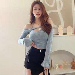 Women's T Shirts Long Sleeve Top Solid Sexy Lace-up Halter Neck Pullover Off Shoulder Clothes Y2k Streetwear 2023 Autumn