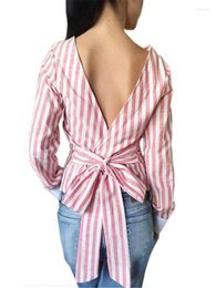 Women's Blouses Femme Shirt Women Ladies Kawaii Backless 2023 FashionSexy Summer Clothes Striped Open Back Deep V Tops Long Sleeved LX008