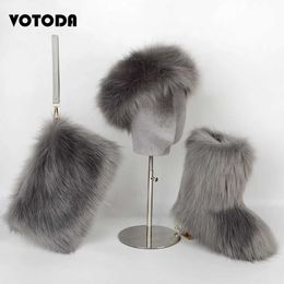 lady Winter Warm Women Fur Boots Woman Fluffy Faux Fur Bag Headband Set Ladies Plush Snow Boots Outside Female Furry Slip On Shoes