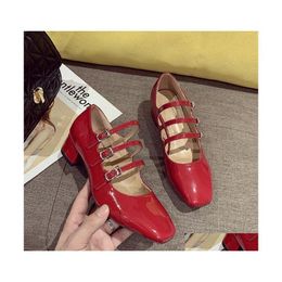 Dress Shoes Mary Jane For Women Pumps Square Heel Womens 2022 Fashion Office Ladies Red Heels Single Big Size 3539 Drop D Dhj39