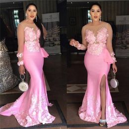 2023 Arabic Dubai Evening Dresses Wear Mermaid Illusion Jewel Neck Lace Applques 3D Floral Crystal Beads Long Sleeves Flowers Plus Size Party Prom Gowns Side Split