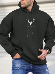 Men's Hoodies Simple Antler Printing Mens Casual Street Style Clothing Creative Pullover Pocket Autumn And Winter Hoody