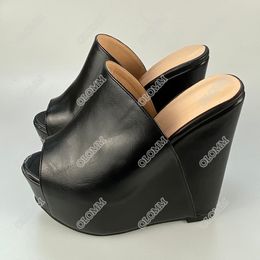 Olomm Handmade Women Summer Platform Mules Sandals Wedges High Heels Open Toe Elegant Black Party Shoes Women US Plus Size 5-20