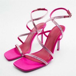 Sandals Womens Heeled Summer Rhinestones Ankel Strap Sandal Woman Fashion Pink Plus Size High Heels Female Wedding Pumps 230406