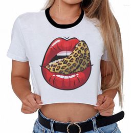 Women's Tanks Summer Fashion Harajuku Sexy Tank Crop Top White T Shirt Clothes Women Red Lips Leopard Distressed Print Croptop Short Sleeve