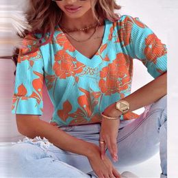 Women's Blouses Summer Pattern Print V Neck Tops Shirts Fashion Casual Short Sleeve Office Pullover Female Harajuku High Street Bluse