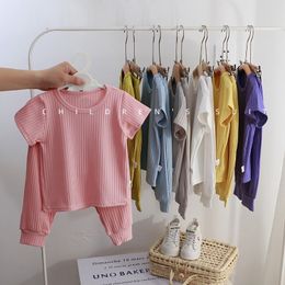 Rompers Pink Home Clothes Twopiece Summer Short Sleeved Suit Toddler Costume Girls Pajamas Solid Color Casual Childrens Outfits 230427