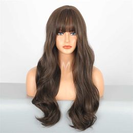 Synthetic Wig's Wig Cold Brown Straight Bangs Long Curled Synthetic Fibre Wig Headband