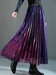 Skirts Summer Discolor Shine Gradient Pleated Long Gauze Skirt Metallic A-line Elegant Gradient Purple Green Maxi Long Mesh Skirts 230428