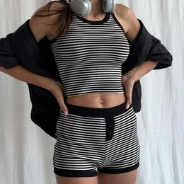 Women's Tracksuits Casual Outfits Striped Sleeveless Tank Crop Top Shorts Women Matching Suit 90s Vintage 2 Piece Set Female Fashion