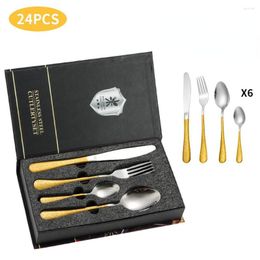 Dinnerware Sets 24PCS Printing Gold Tableware Set Stainless Steel Fork Spoon Knife Vintage Cutlery Silver Dinner Holiday Gift Box