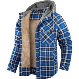 men's Hooded Coat casual thickened Long Sleeve Plaid work flannel button shirt jacket mens coat 14WQ7Q