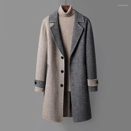 Men's Trench Coats Autumn Winter Color-blocked Mid-length Woollen Coat Youth Loose Casual High Street Windbreaker Jackets Men Tops Male