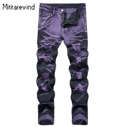 Mens Jeans High Street Ripped for Men Four Seasons Causal Denim Pants Personalized Purple Black Straight Fashion Youth Trousers 231127