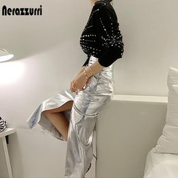 Dresses Nerazzurri Black Reflective patent leather skirt with slit high waist Silver Midi skirt for women long skirts for women 2021