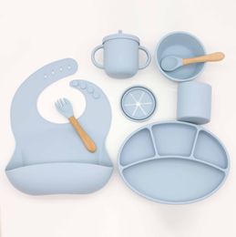 Cups Dishes Utensils 3/8Pcs Children's Silicone Plate Suction Cup Baby Dishes Set For Feeding Bowl Bibs Spoon Fork Sippy Cup Kids Training Tableware 230428