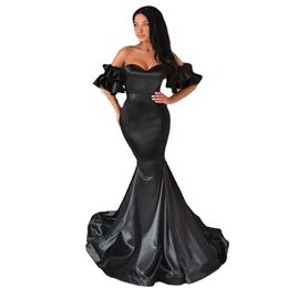 JEHETH Arabic Black Strapless Satin Mermaid Evening Dresses Detachable Short Sleeves Sweetheart Prom Party Gown robes