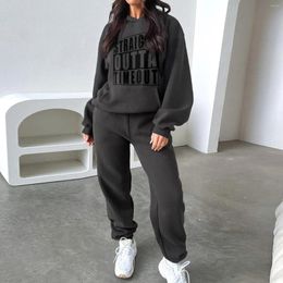 Women's Two Piece Pants 2024 Winter TrackSuit Retro Printed Hooded Pullover Sweatshirt Solid Colour Casual Drawstring Sweatpants Two-piece