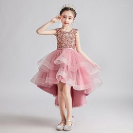 Girl Dresses O-Neck Ruched High-Low Elegant Empire Sleeveless Zipper Back Kids Party Communion For Weddings A2216