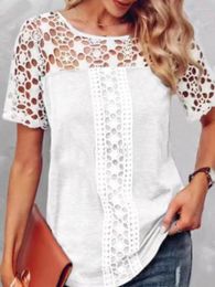 Women's Blouses Vintage Solid Lace Patchwork Blouse Women Casual Short Sleeve Tops Mujer Chic Tunics Leisure Summer White Blusas