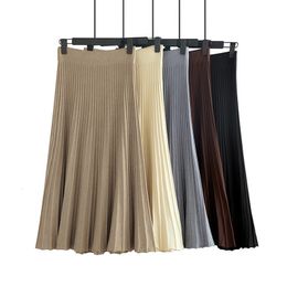 Skirts HLBCBG Vertical Striped knitted Women Sweater Skirt Elastic Band Pleated Midi Skirts Chic High Waist A-line Skirts Female 230428