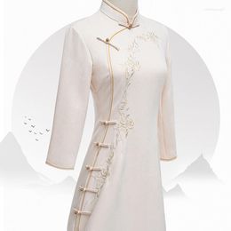 Ethnic Clothing Women Embroidery Cheongsam Dress Vintage Beige Chinese Traditional Short Sleeve Dresses Slim Spring Qipao S To XXL
