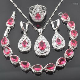 Necklace Earrings Set & 2023 Red Crystal For Women Silver Colour Zirconia Bracelet Pendant Ring QS0336 Stre22