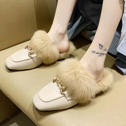 Slippers Women Shoes Square Heels Autumn Winter Pointed Toe Metal Decoration Warm Short Plush Ladies Fashion