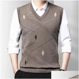 Mens Vests Autumn Men Sweater Print V Neck Sleeveless Vest Warm Knitted Clothes Drop Delivery Apparel Clothing Outerwear Coats Otsef